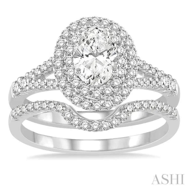 1 1/6 Ctw Diamond Bridal Set with 1 Ctw Oval Cut Engagement Ring and 1/6 Ctw Wedding Band in 14K White Gold