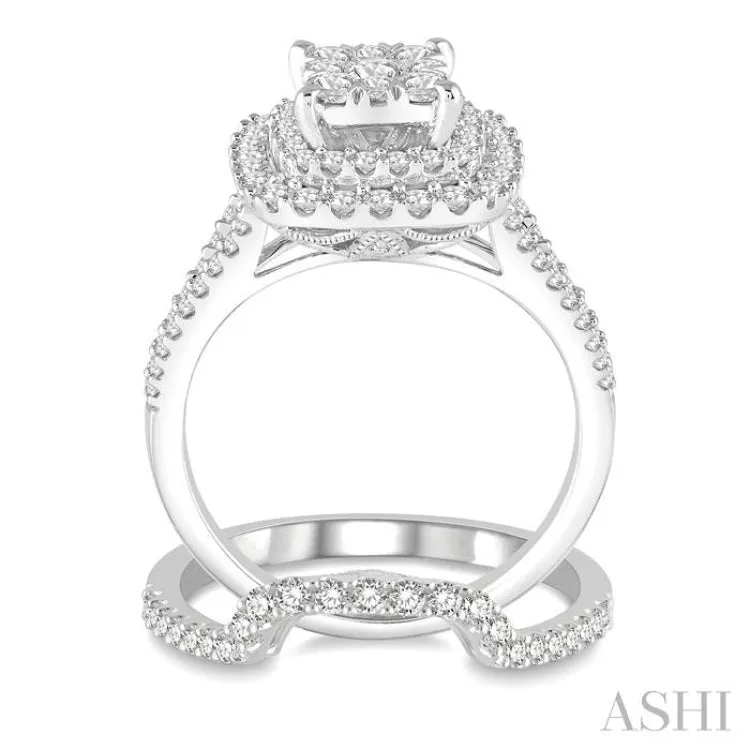 1 3/8 ctw Lovebright Round Cut Diamond Wedding Set With 1 1/6 ctw Cushion Shape Engagement Ring and 1/4 ctw Scooped Wedding Band in 14K White Gold