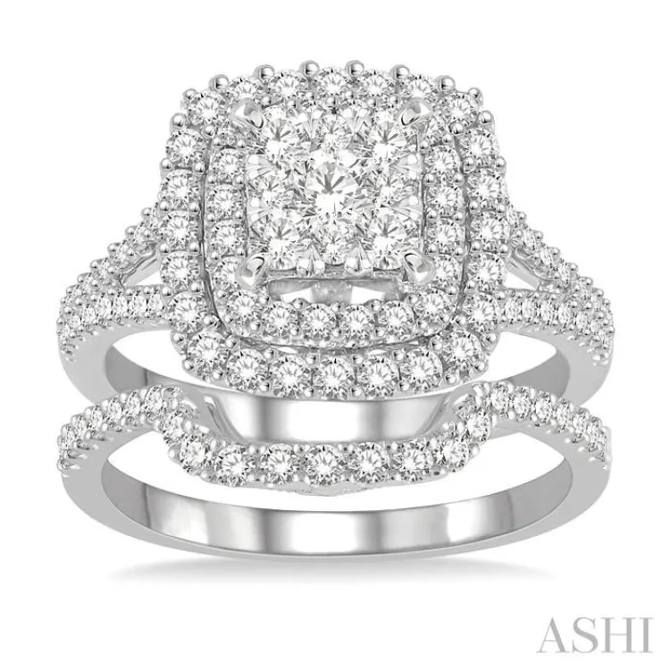 1 3/8 ctw Lovebright Round Cut Diamond Wedding Set With 1 1/6 ctw Cushion Shape Engagement Ring and 1/4 ctw Scooped Wedding Band in 14K White Gold