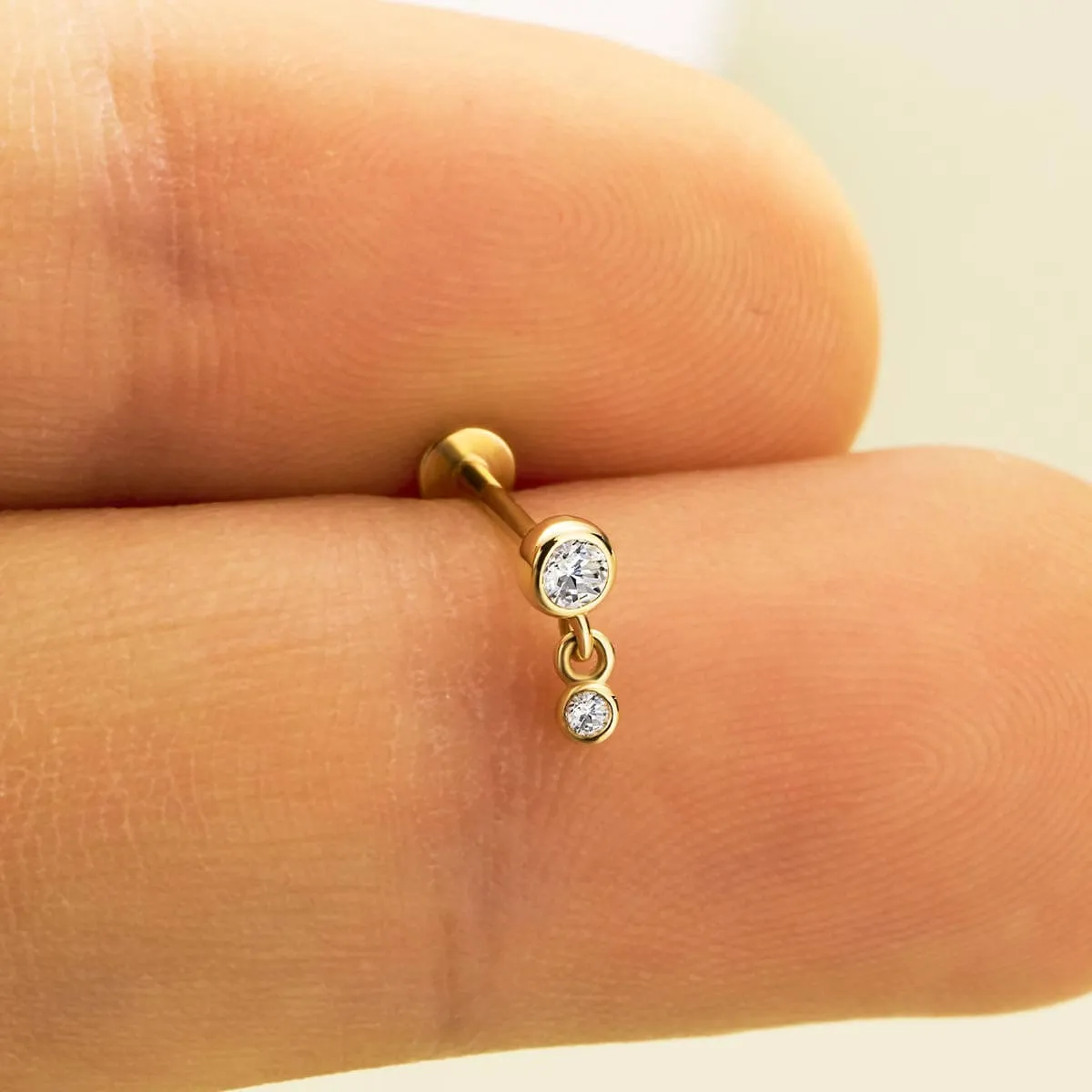 14K Solid Gold 16G Elegant CZ Bezel Push Pin Earing Stud