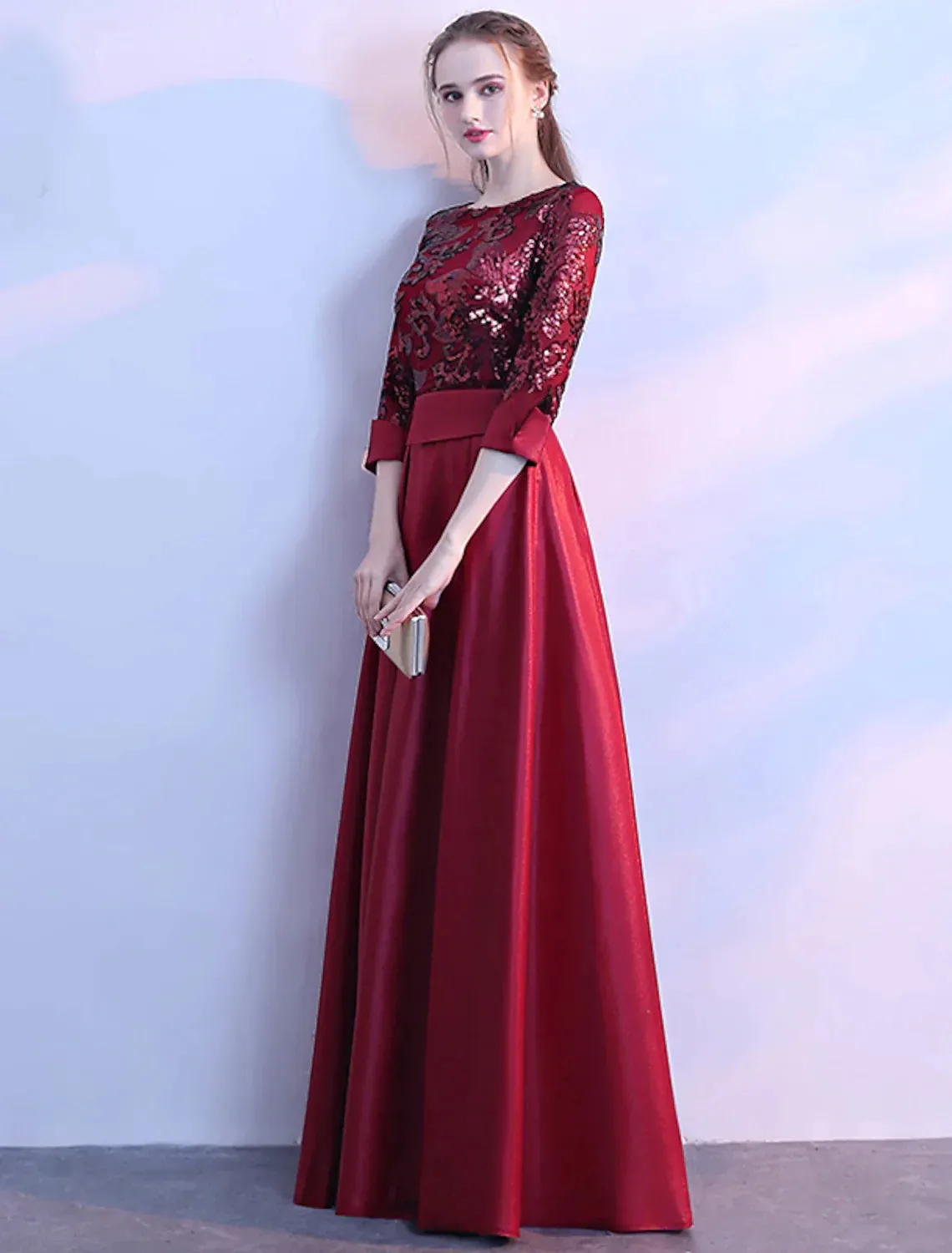 A-Line Glittering Elegant Prom Formal Evening Dress Satin with Sequin