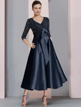 A-Line Mother of the Bride Dress Wedding Guest Vintage Elegant V Neck Tea Length Satin Lace 3/4 Length Sleeve with Bow(s) Pleats Sequin