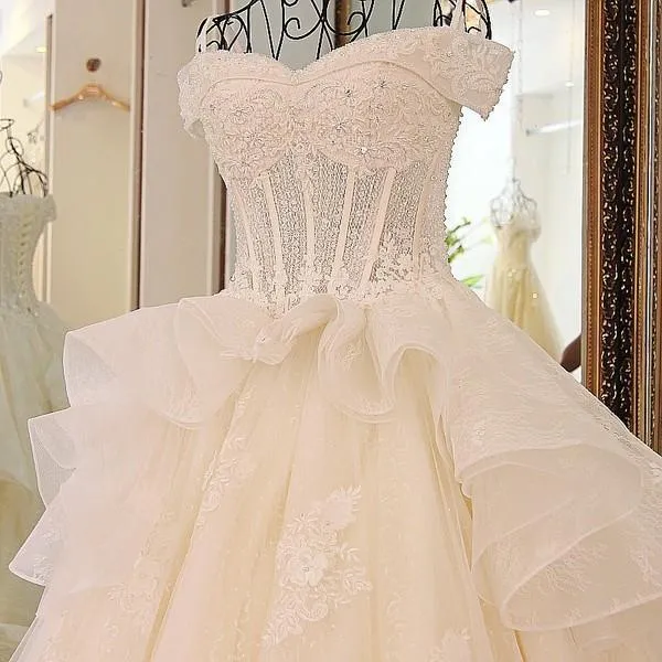 A-line Off-Shoulder Cathedral Train Tulle Rhine Stone Lace Wedding Dresses ASD2630