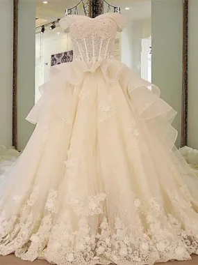 A-line Off-Shoulder Cathedral Train Tulle Rhine Stone Lace Wedding Dresses ASD2630