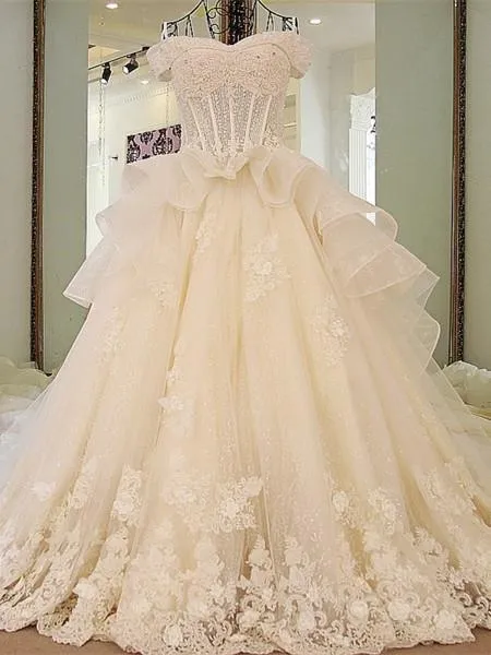 A-line Off-Shoulder Cathedral Train Tulle Rhine Stone Lace Wedding Dresses ASD2630