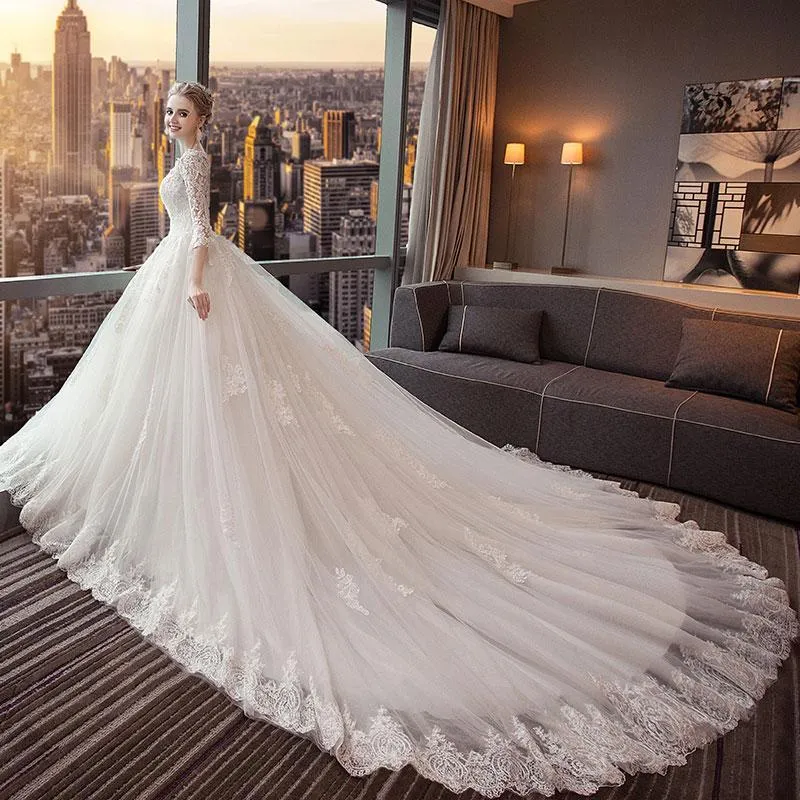 A-line V-neck Cathedral Train Tulle Appliqued Long Wedding Dresses SWD044