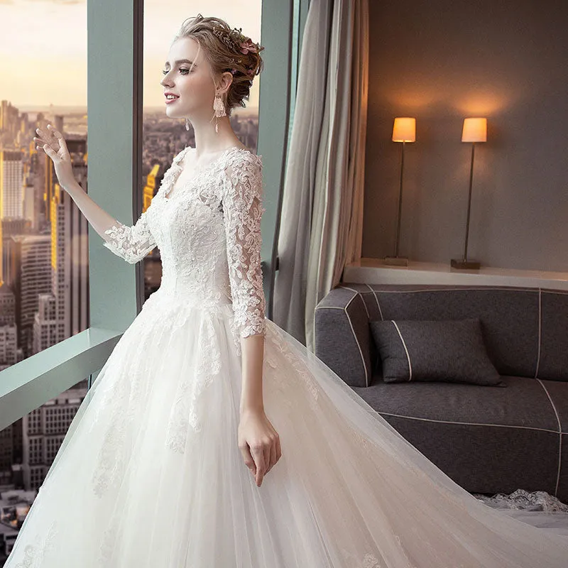 A-line V-neck Cathedral Train Tulle Appliqued Long Wedding Dresses SWD044