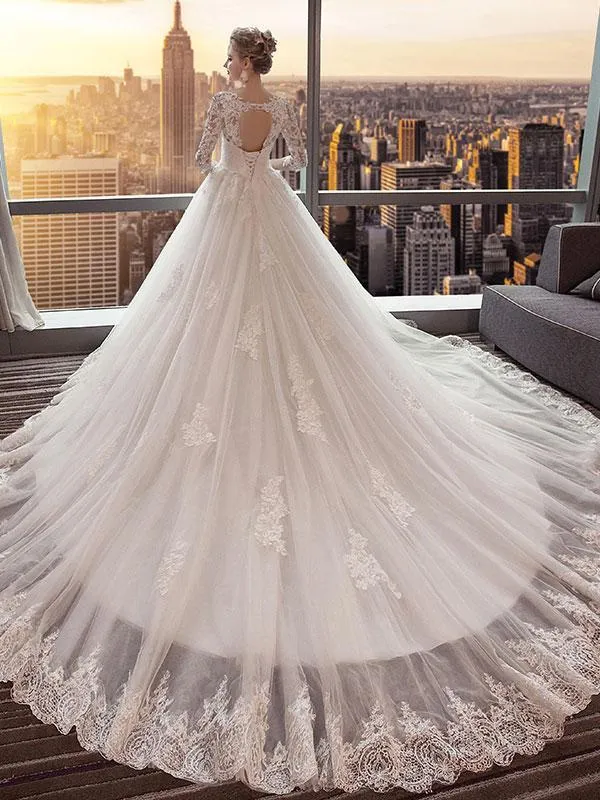 A-line V-neck Cathedral Train Tulle Appliqued Long Wedding Dresses SWD044