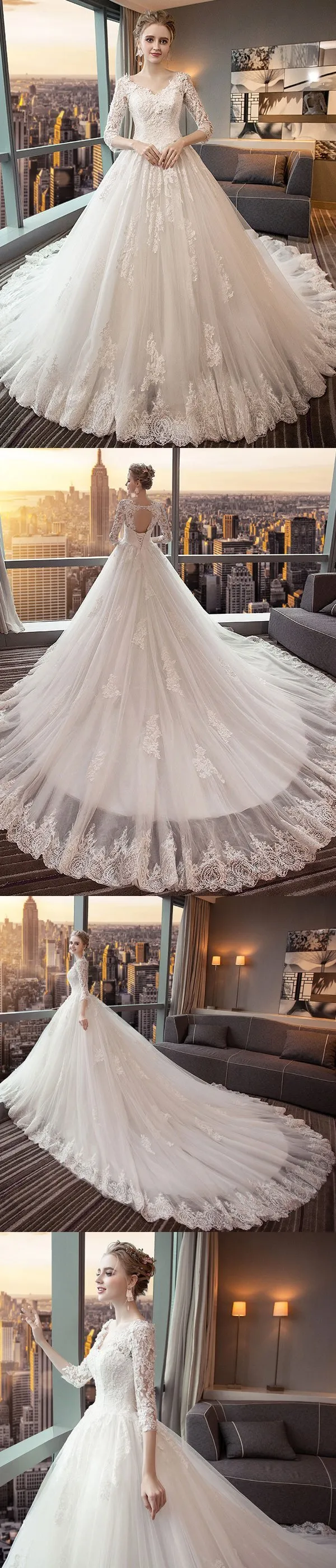 A-line V-neck Cathedral Train Tulle Appliqued Long Wedding Dresses SWD044