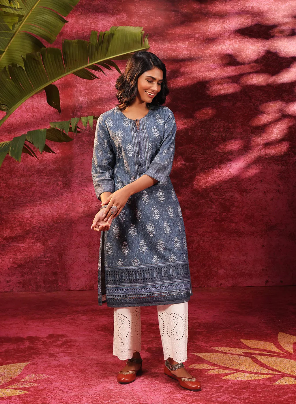 Blue Afreen Gravel Embroidered Designer Cotton Kurta