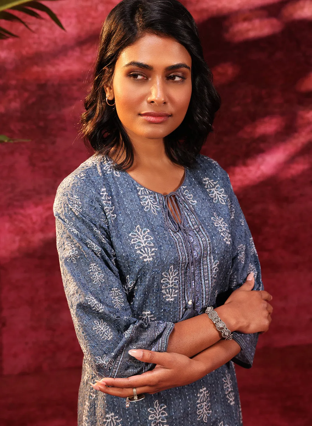 Blue Afreen Gravel Embroidered Designer Cotton Kurta
