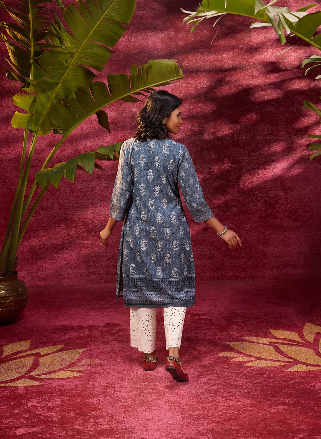 Blue Afreen Gravel Embroidered Designer Cotton Kurta