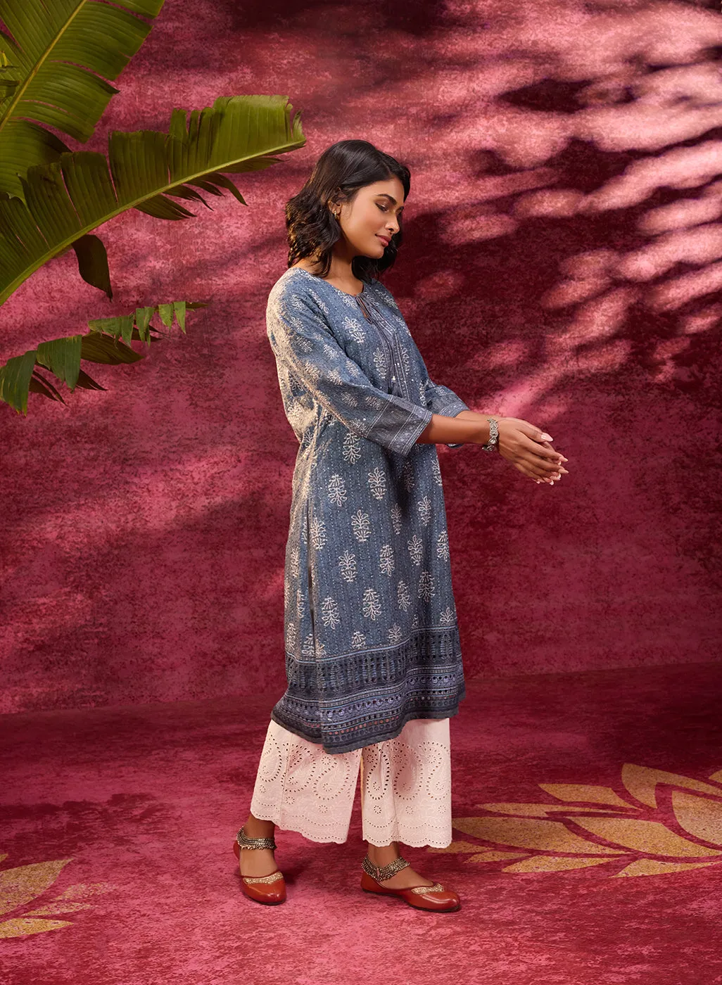 Blue Afreen Gravel Embroidered Designer Cotton Kurta