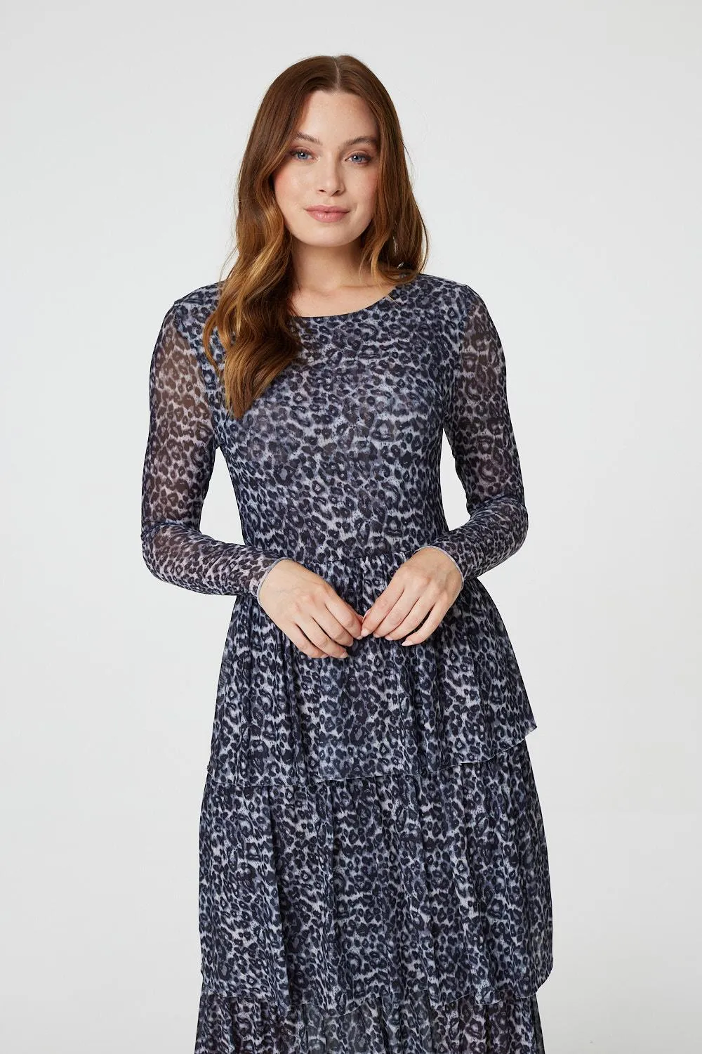 Stylish Tiered Midi Dress with Animal Print