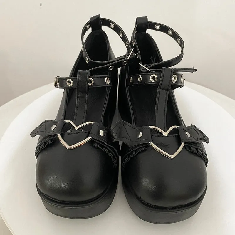 Back to college New Sweet Heart Buckle Wedges Mary Janes Women Pink T-Strap Chunky Platform Lolita Shoes Woman Punk Gothic Cosplay Shoes 43