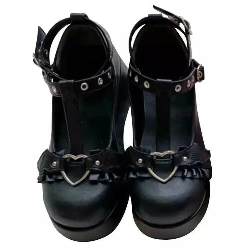 Back to college New Sweet Heart Buckle Wedges Mary Janes Women Pink T-Strap Chunky Platform Lolita Shoes Woman Punk Gothic Cosplay Shoes 43