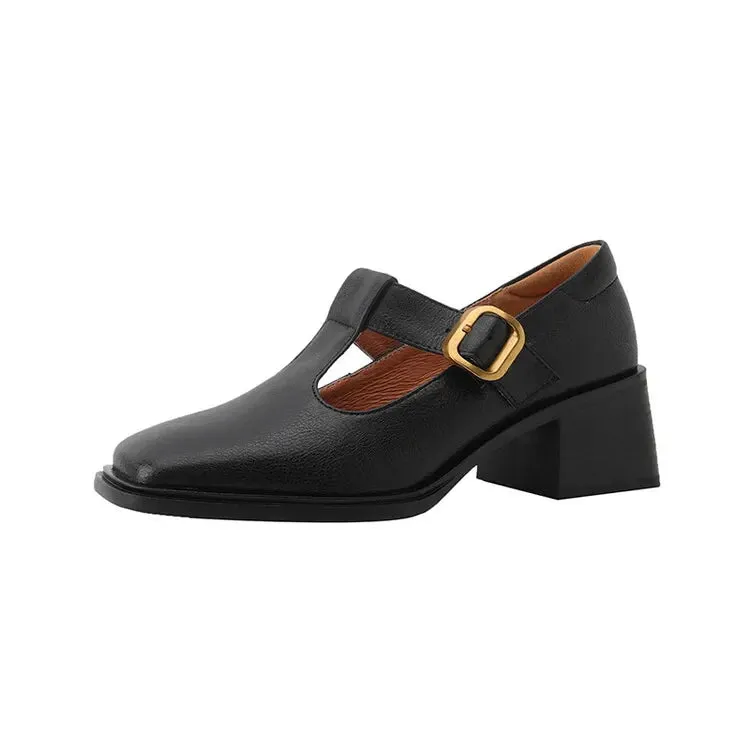 binfenxie NEW Spring Women Pumps Genuine Leather Shoes for Women Square Toe Chunky Heel Shoes Retro Mid-heel Mary Janes Retro Brown Shoes