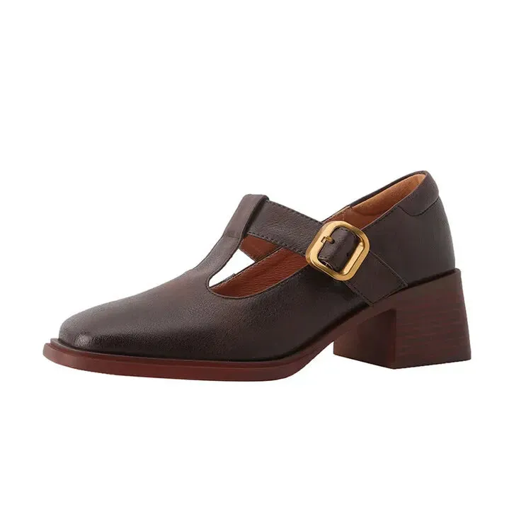 binfenxie NEW Spring Women Pumps Genuine Leather Shoes for Women Square Toe Chunky Heel Shoes Retro Mid-heel Mary Janes Retro Brown Shoes