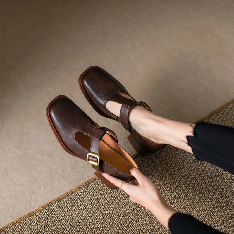 binfenxie NEW Spring Women Pumps Genuine Leather Shoes for Women Square Toe Chunky Heel Shoes Retro Mid-heel Mary Janes Retro Brown Shoes