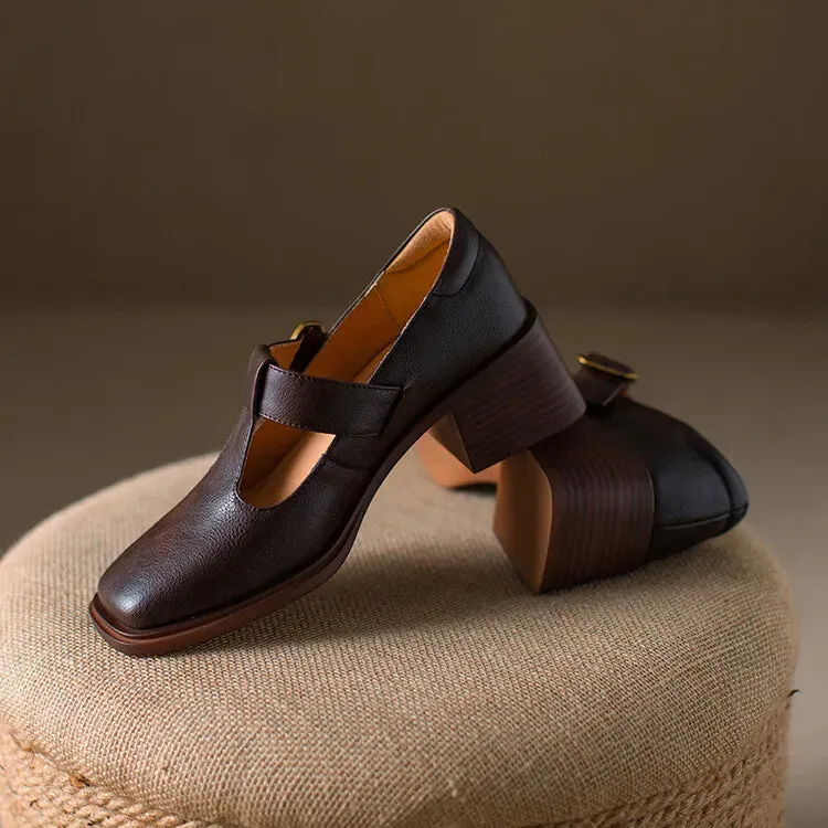 binfenxie NEW Spring Women Pumps Genuine Leather Shoes for Women Square Toe Chunky Heel Shoes Retro Mid-heel Mary Janes Retro Brown Shoes