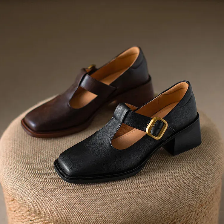 binfenxie NEW Spring Women Pumps Genuine Leather Shoes for Women Square Toe Chunky Heel Shoes Retro Mid-heel Mary Janes Retro Brown Shoes