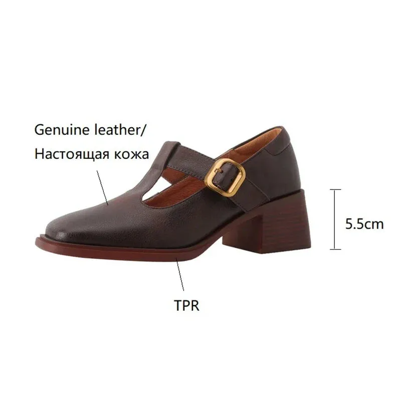 binfenxie NEW Spring Women Pumps Genuine Leather Shoes for Women Square Toe Chunky Heel Shoes Retro Mid-heel Mary Janes Retro Brown Shoes
