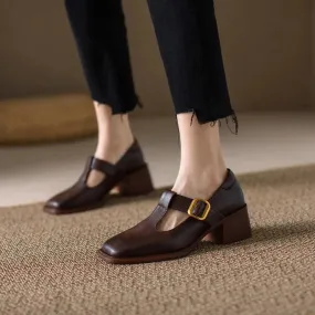 binfenxie NEW Spring Women Pumps Genuine Leather Shoes for Women Square Toe Chunky Heel Shoes Retro Mid-heel Mary Janes Retro Brown Shoes