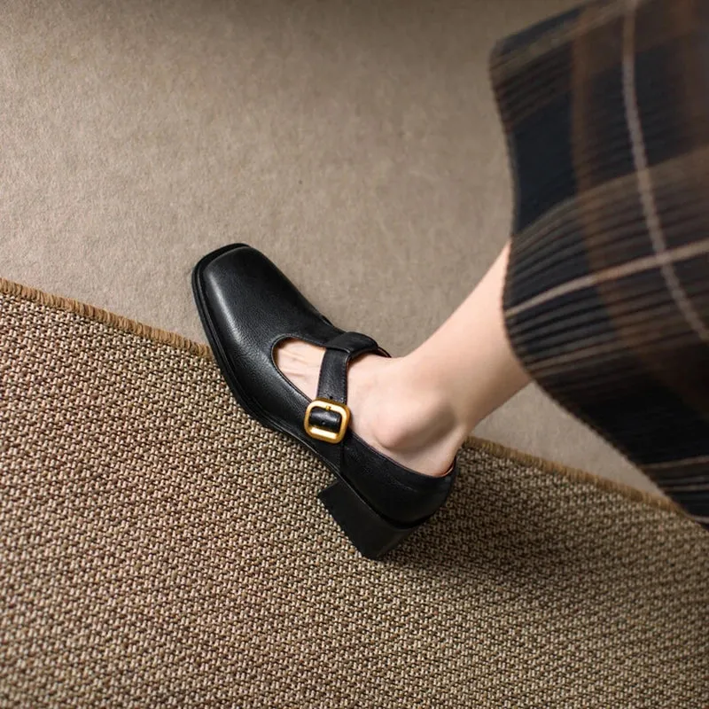 binfenxie NEW Spring Women Pumps Genuine Leather Shoes for Women Square Toe Chunky Heel Shoes Retro Mid-heel Mary Janes Retro Brown Shoes