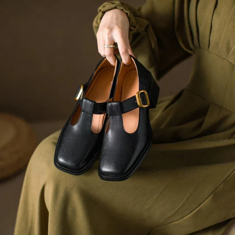 binfenxie NEW Spring Women Pumps Genuine Leather Shoes for Women Square Toe Chunky Heel Shoes Retro Mid-heel Mary Janes Retro Brown Shoes