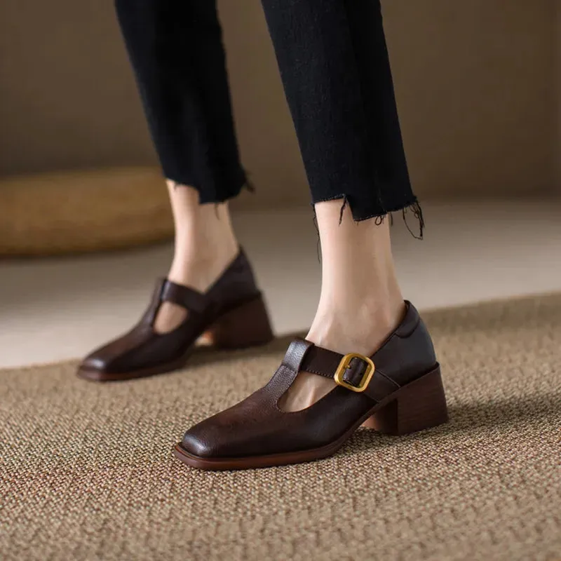 binfenxie NEW Spring Women Pumps Genuine Leather Shoes for Women Square Toe Chunky Heel Shoes Retro Mid-heel Mary Janes Retro Brown Shoes