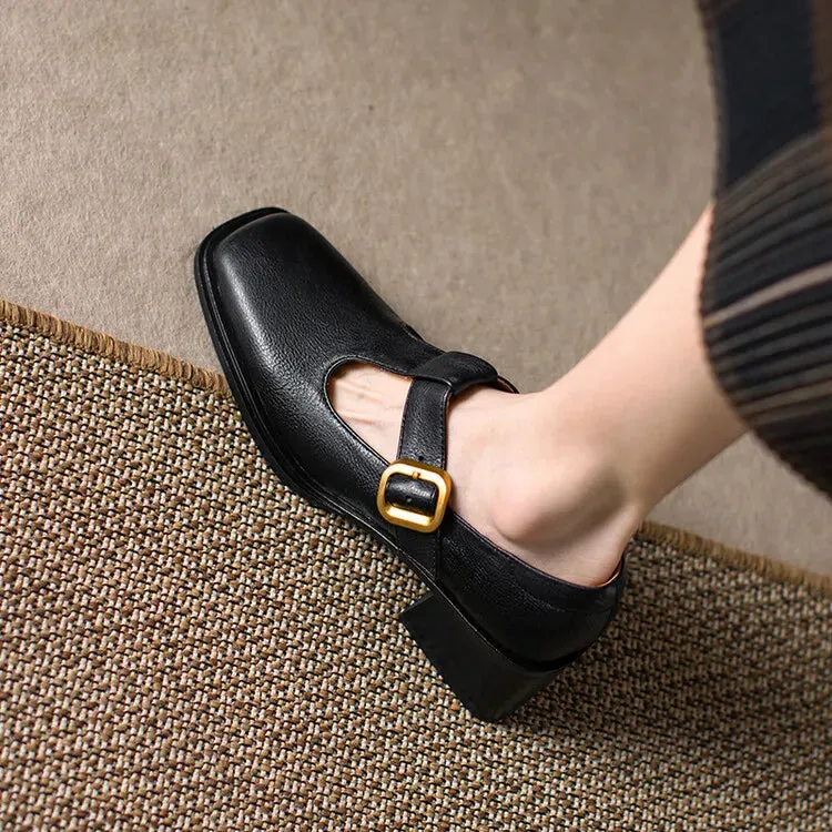 binfenxie NEW Spring Women Pumps Genuine Leather Shoes for Women Square Toe Chunky Heel Shoes Retro Mid-heel Mary Janes Retro Brown Shoes