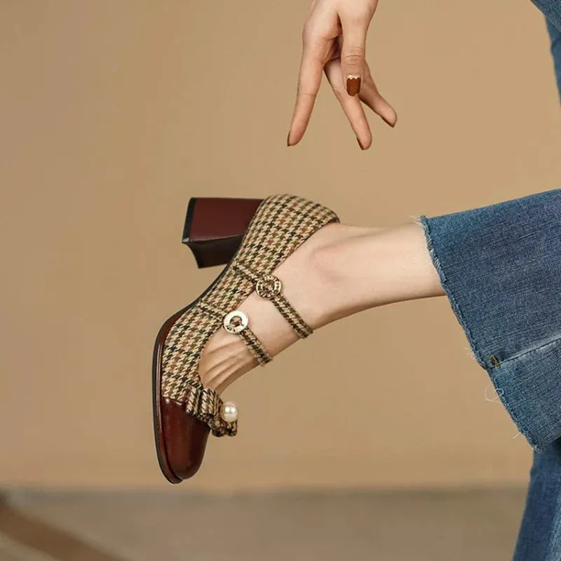 binfenxie  Spring/Autumn Women's Shoes Round Toe Chunky Heel Pumps Cotton Fabric Lattice High Heels Genuine Leather Retro Mary Janes