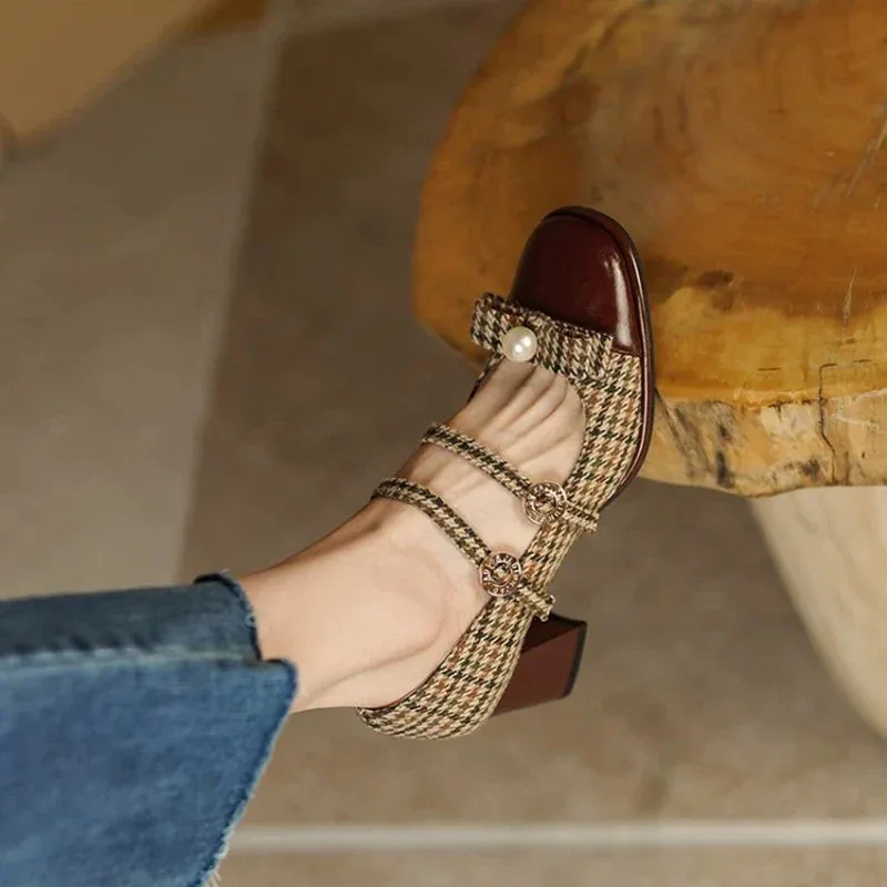 binfenxie  Spring/Autumn Women's Shoes Round Toe Chunky Heel Pumps Cotton Fabric Lattice High Heels Genuine Leather Retro Mary Janes