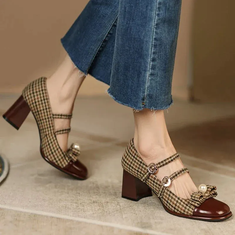 binfenxie  Spring/Autumn Women's Shoes Round Toe Chunky Heel Pumps Cotton Fabric Lattice High Heels Genuine Leather Retro Mary Janes