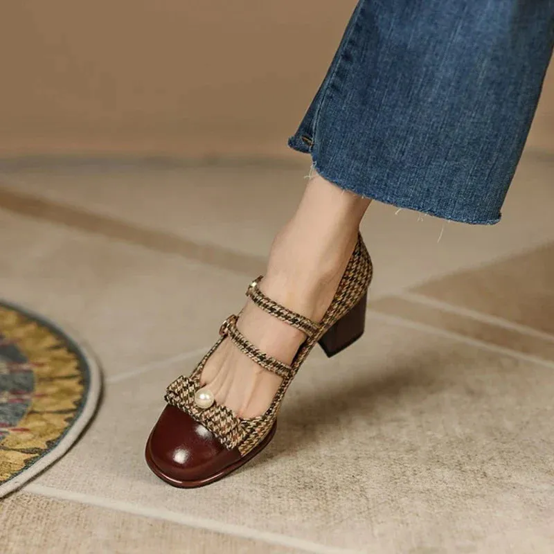binfenxie  Spring/Autumn Women's Shoes Round Toe Chunky Heel Pumps Cotton Fabric Lattice High Heels Genuine Leather Retro Mary Janes
