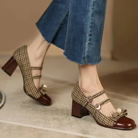 binfenxie  Spring/Autumn Women's Shoes Round Toe Chunky Heel Pumps Cotton Fabric Lattice High Heels Genuine Leather Retro Mary Janes