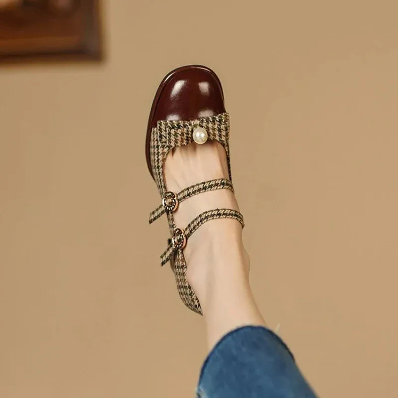 binfenxie  Spring/Autumn Women's Shoes Round Toe Chunky Heel Pumps Cotton Fabric Lattice High Heels Genuine Leather Retro Mary Janes