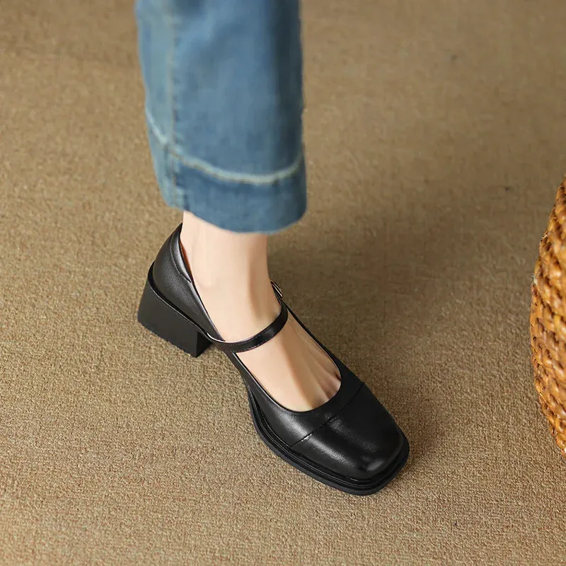 binfenxie  -  Square Toe Shoes On Heels Female Footwear Large Size Women Casual Sneaker Dress Big Size New Retro Summer Slip-On Mary Janes Rub