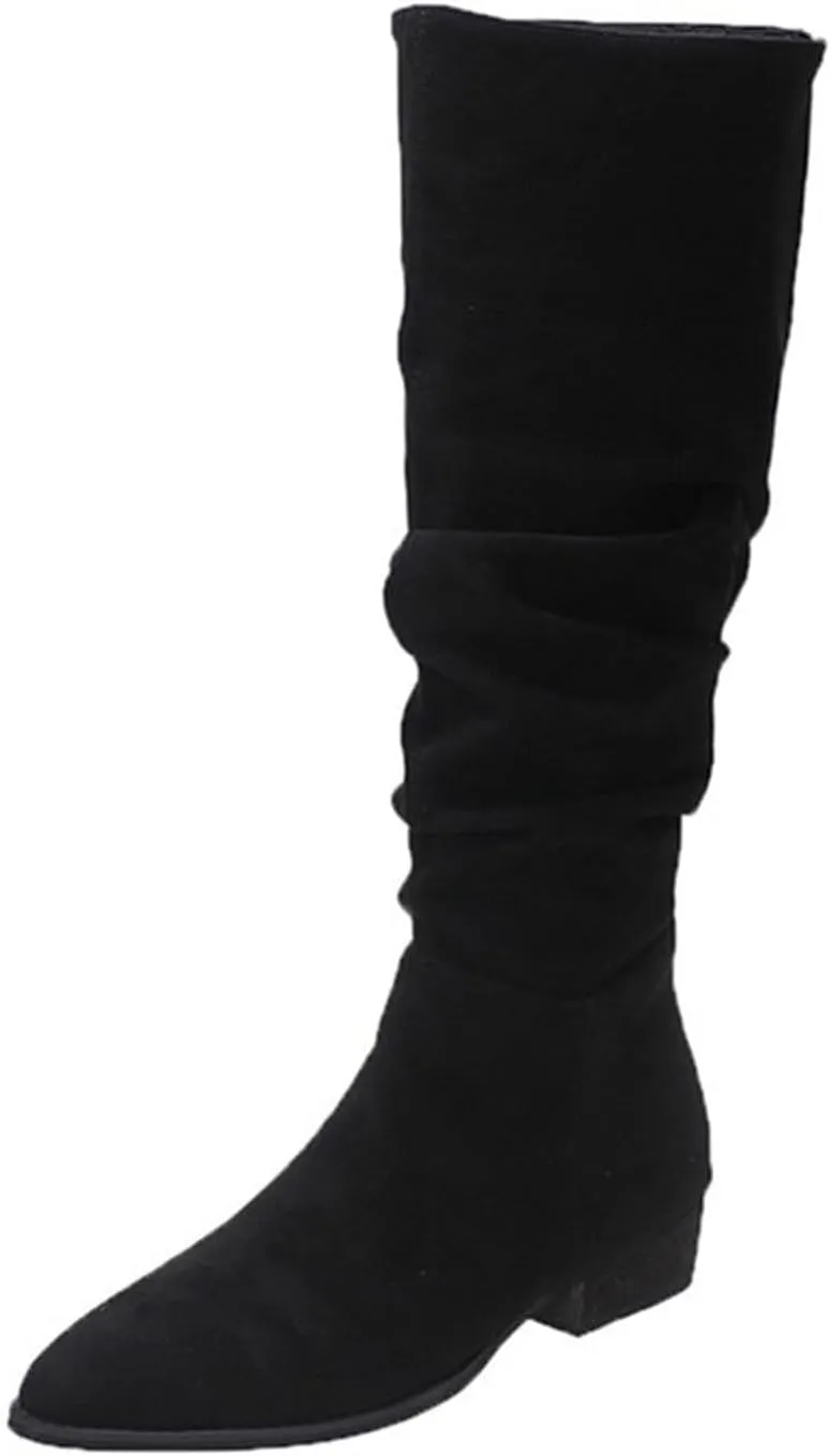 Boots for Women, Chunky Heel Pointed Toe Pleated Solid Color Knee High Boots Trendy Outdoor Comfortable Women Boots