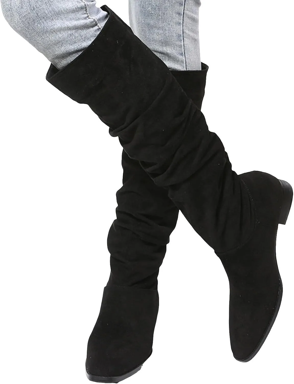 Boots for Women, Chunky Heel Pointed Toe Pleated Solid Color Knee High Boots Trendy Outdoor Comfortable Women Boots