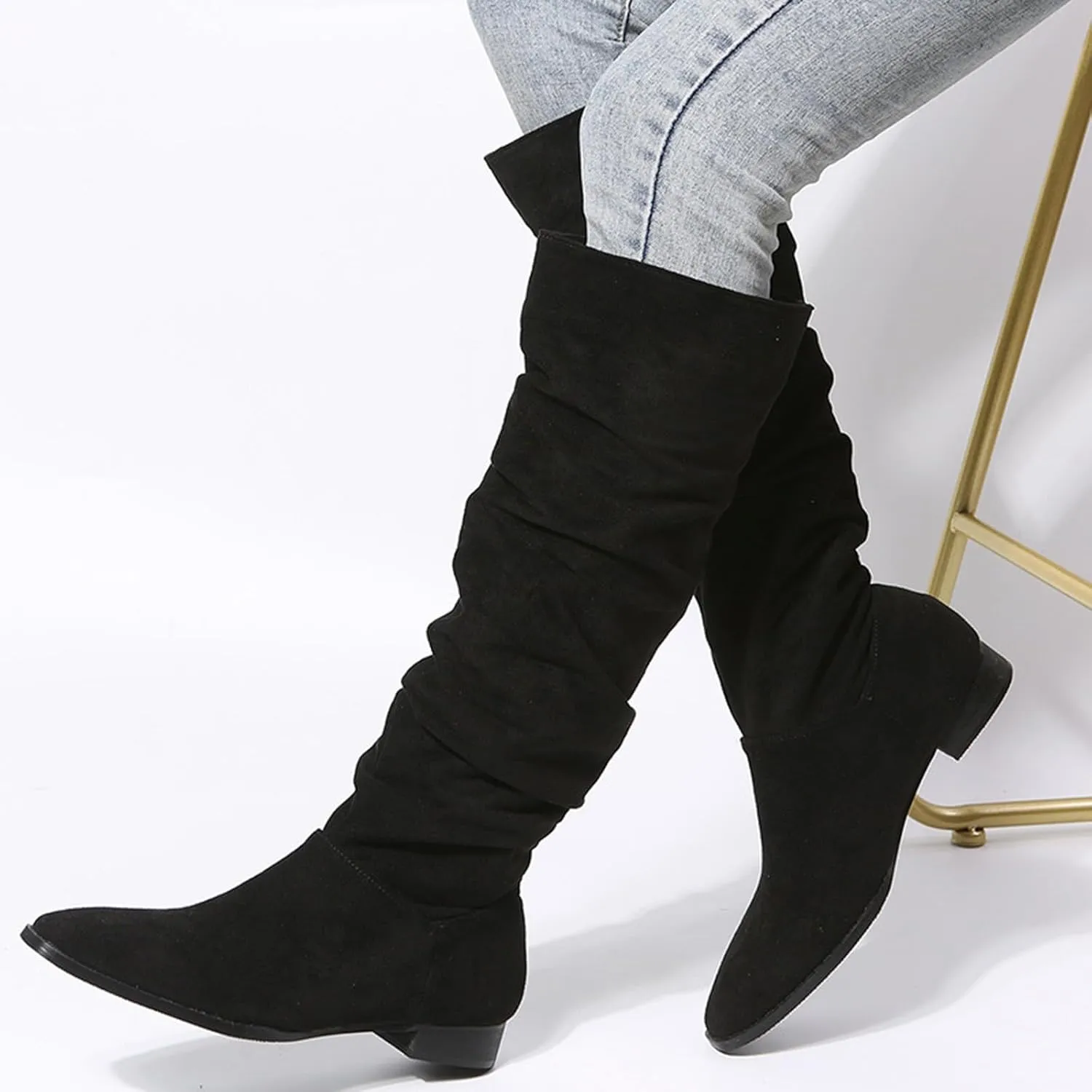 Boots for Women, Chunky Heel Pointed Toe Pleated Solid Color Knee High Boots Trendy Outdoor Comfortable Women Boots