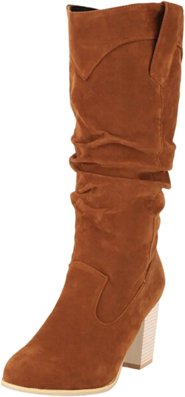Boots for Women, Vintage Wide Pull On Leather Ruched Shoes Pointed Toe Faux Suede Slouch Chunky Heel Knee High Boots