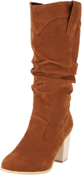Boots for Women, Vintage Wide Pull On Leather Ruched Shoes Pointed Toe Faux Suede Slouch Chunky Heel Knee High Boots
