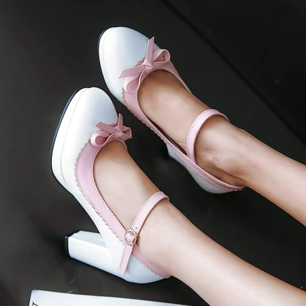 Caradise Womens Sweet Shoes Chunky Platform Mary Janes Pumps with Bow