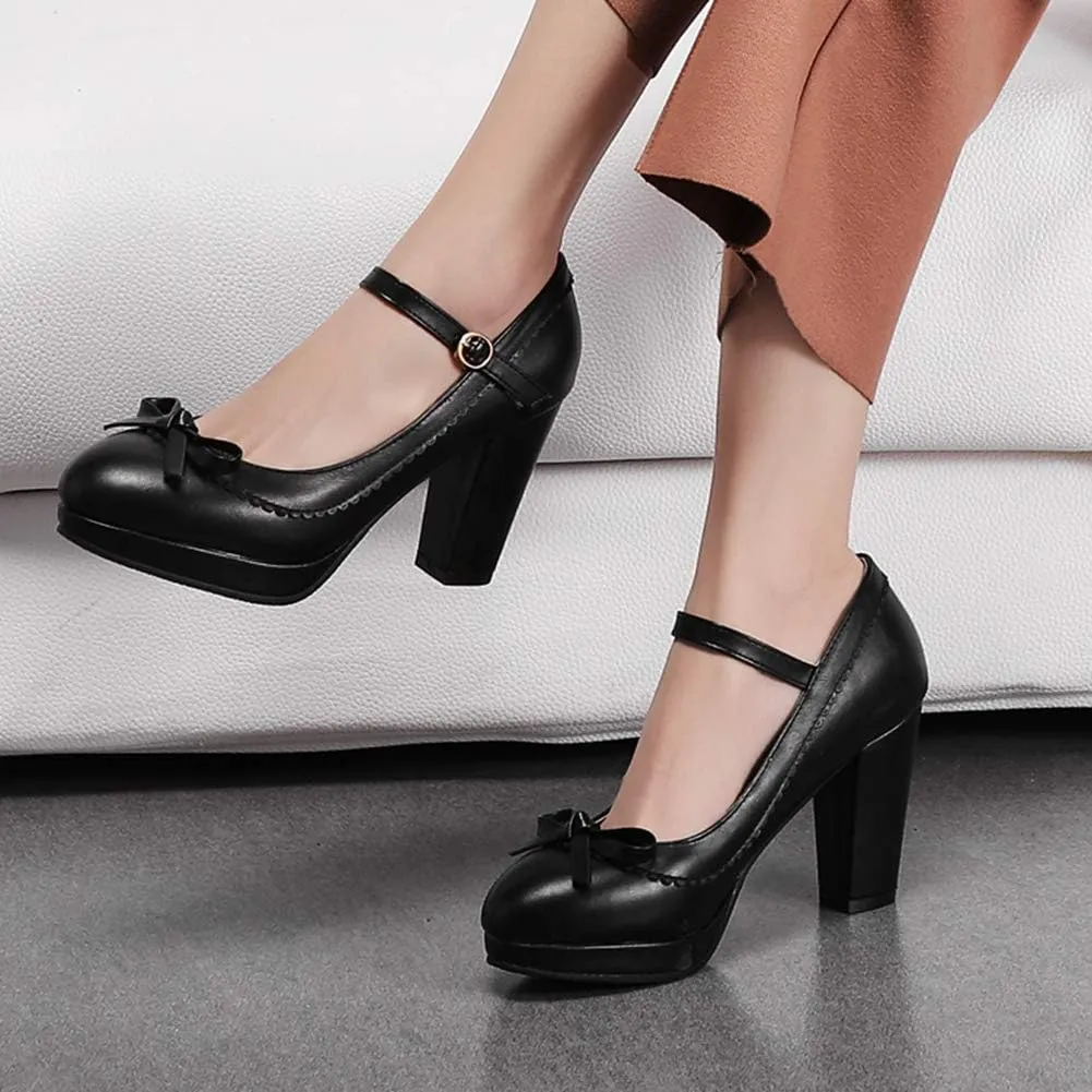 Caradise Womens Sweet Shoes Chunky Platform Mary Janes Pumps with Bow