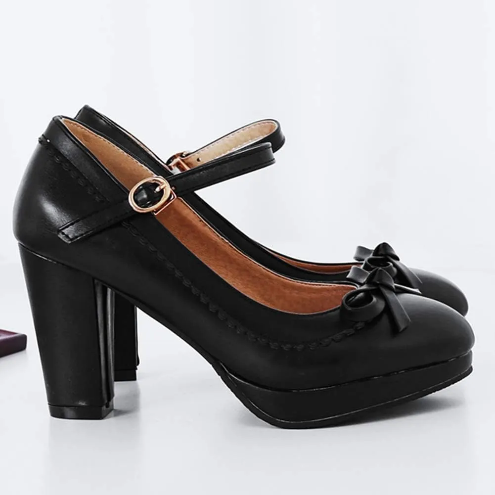 Caradise Womens Sweet Shoes Chunky Platform Mary Janes Pumps with Bow