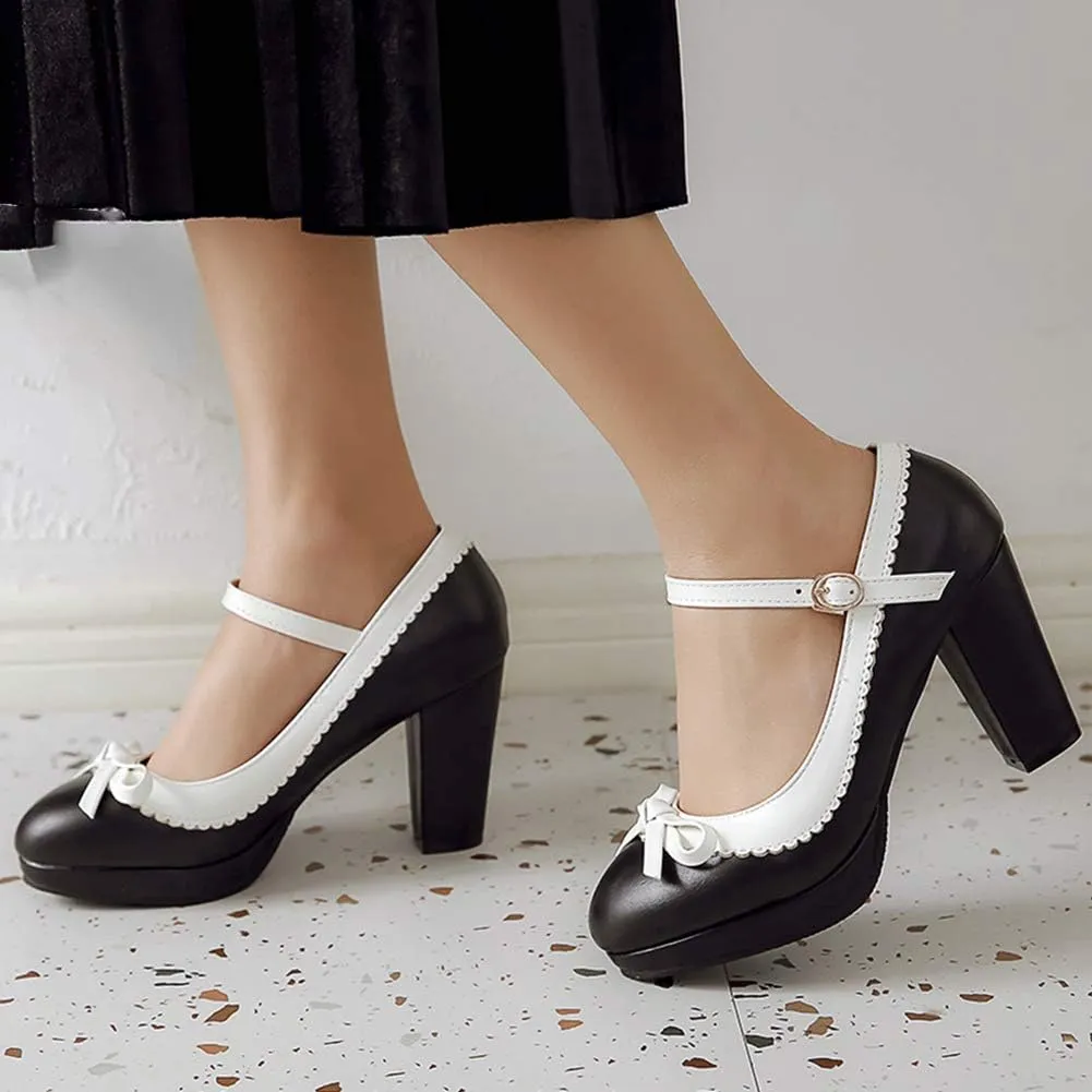 Caradise Womens Sweet Shoes Chunky Platform Mary Janes Pumps with Bow