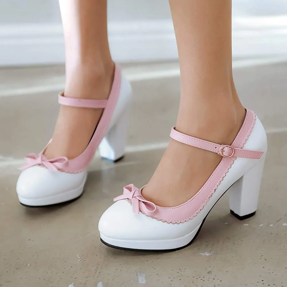 Caradise Womens Sweet Shoes Chunky Platform Mary Janes Pumps with Bow