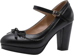 Caradise Womens Sweet Shoes Chunky Platform Mary Janes Pumps with Bow