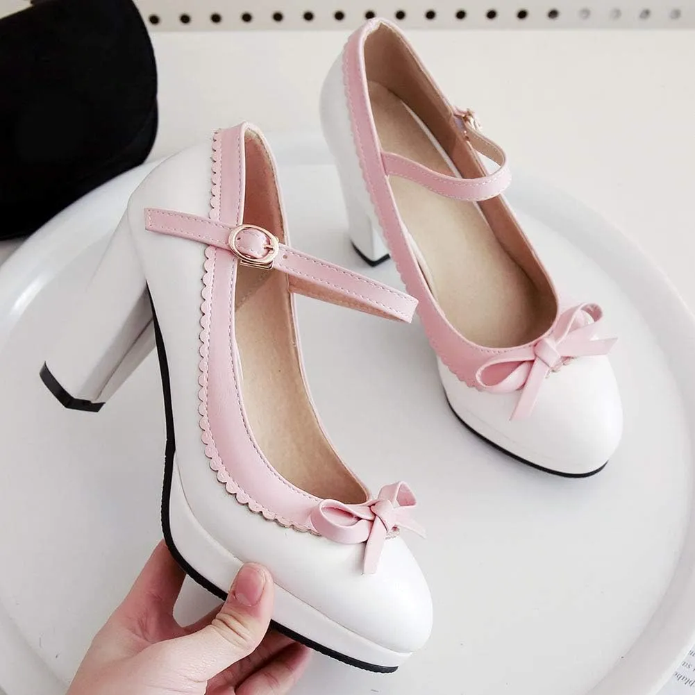 Caradise Womens Sweet Shoes Chunky Platform Mary Janes Pumps with Bow